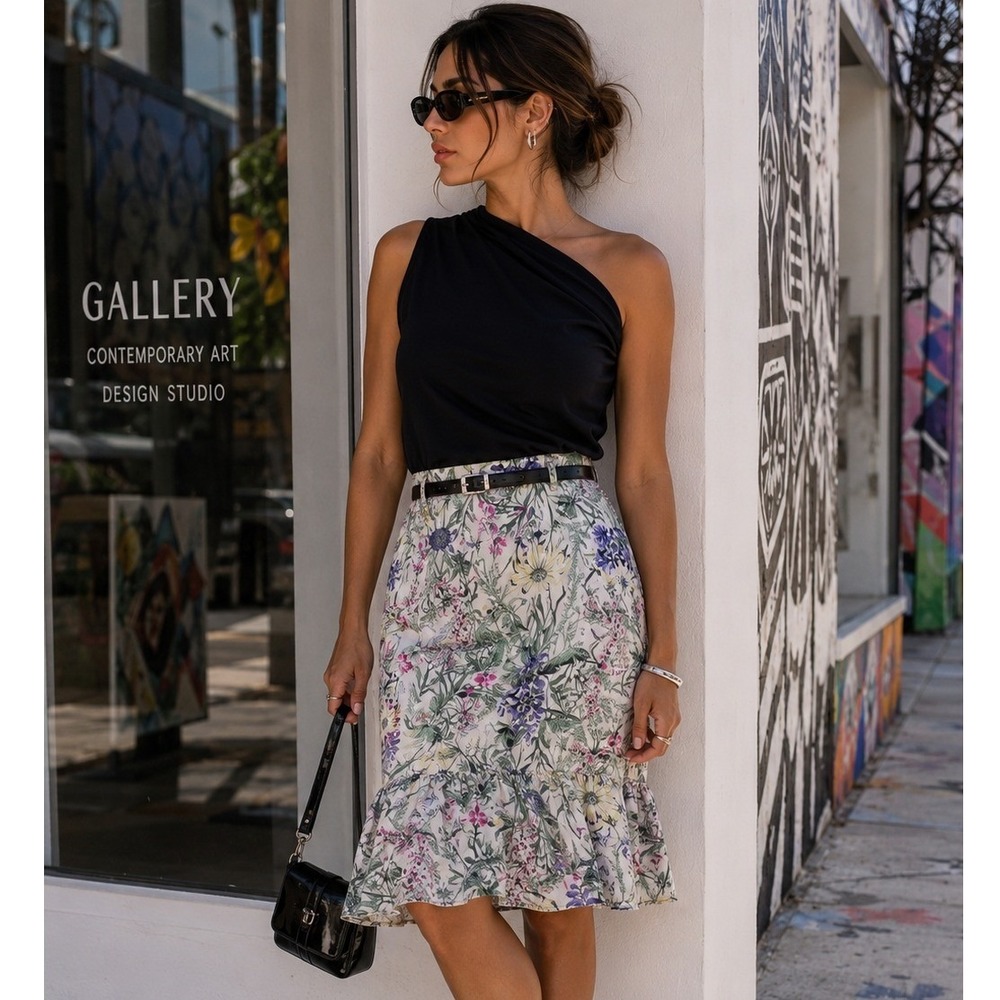 Ann Taylor LOFT 100% Silk Floral Ruffle Flounce Hem Skirt‎ Size 6 Cream Purple